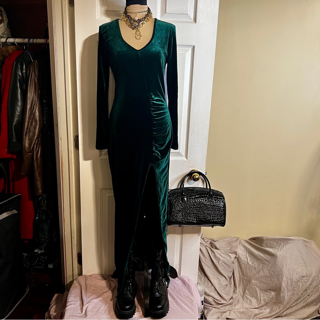 Vintage Wms Green Velvet Fairy Grunge Ruched V Neck L/S Coquette Maxi Dress S